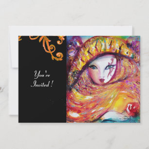 MASK IN YELLOW, MARDI GRAS PARTY black purple red Invitation