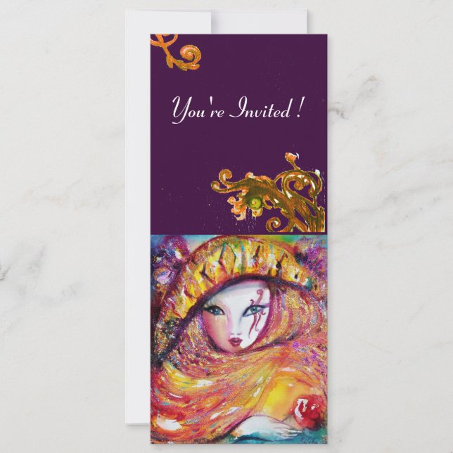 MASK IN YELLOW,MARDI GRAS PARTY  purple red violet Invitation (Front)