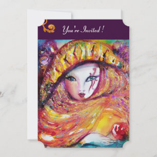 MASK IN YELLOW,MARDI GRAS PARTY  purple red violet Invitation