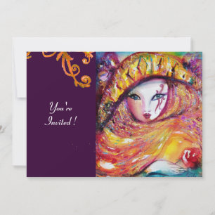 MASK IN YELLOW,MARDI GRAS PARTY  purple red violet Invitation