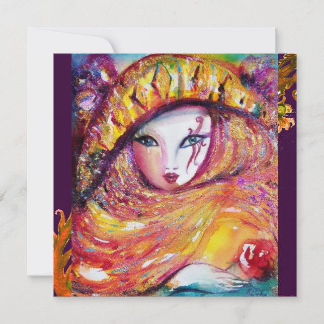 MASK IN YELLOW MARDI GRAS PARTY violet sparkle Invitation (Front)