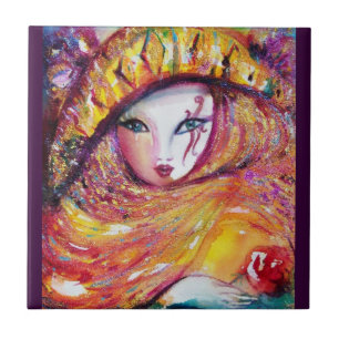 MASK IN YELLOW / Venetian Masquerade Ball,Purple Ceramic Tile