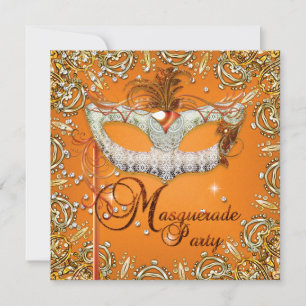 Mask Masquerade Orange Birthday Party Gold Invitation