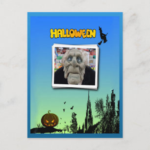Mask of Old Man, Flying Witch and Jack o Lantern Postcard