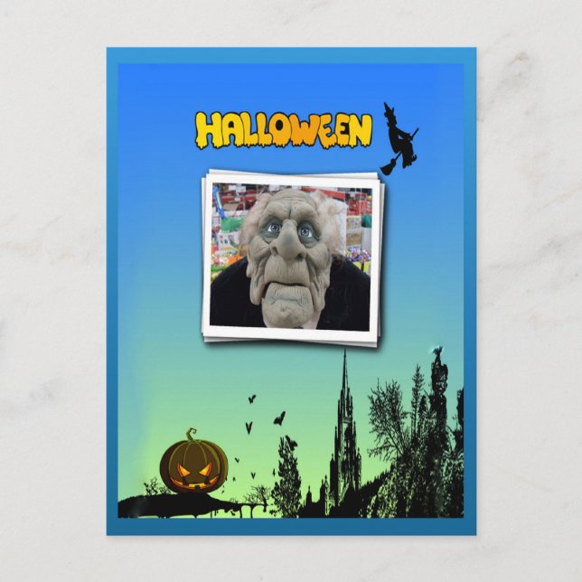 Mask of Old Man, Flying Witch and Jack o Lantern Postcard (Front)