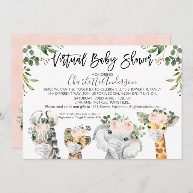 Mask Safari Animals Virtual Baby Shower  Invitation (Front/Back)