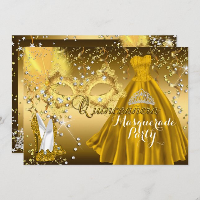 Mask & Tiara Masquerade Quinceanera Gold Invite (Front/Back)