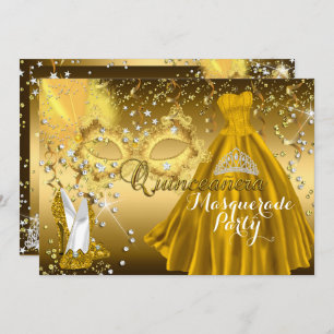 Mask & Tiara Masquerade Quinceanera Gold Invite