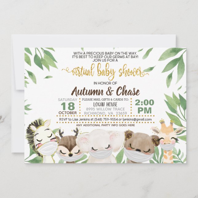 Masked Animal Virtual Baby Shower Invitation (Front)