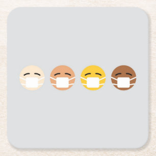 Masked Emoji Faces Mask Up COVID Square Paper Coaster
