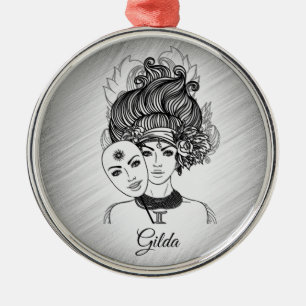 Masked Lady Gemini Zodiac Symbol and Sign Metal Ornament