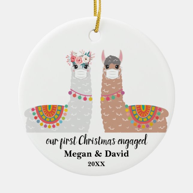 Masked Llama First Christmas Engaged or married Ceramic Ornament (Front)