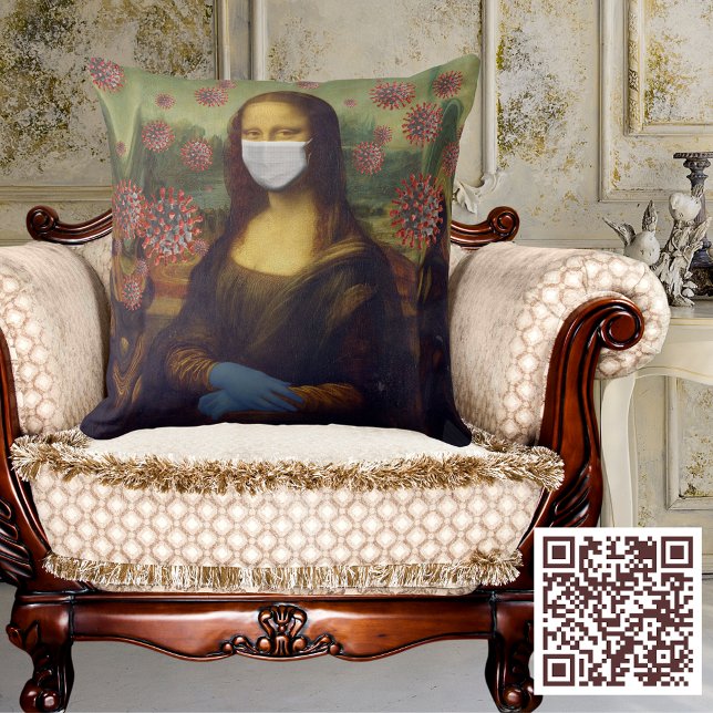 Masked Mona Lisa Playing Safe Around Coronavirus Cushion (Masked Mona Lisa Playing Safe Around Coronavirus Throw Pillow)