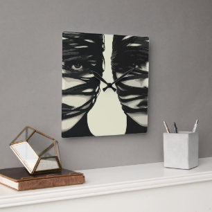 Masked Mystery: Dual Wrapped Faces Art Square Wall Clock