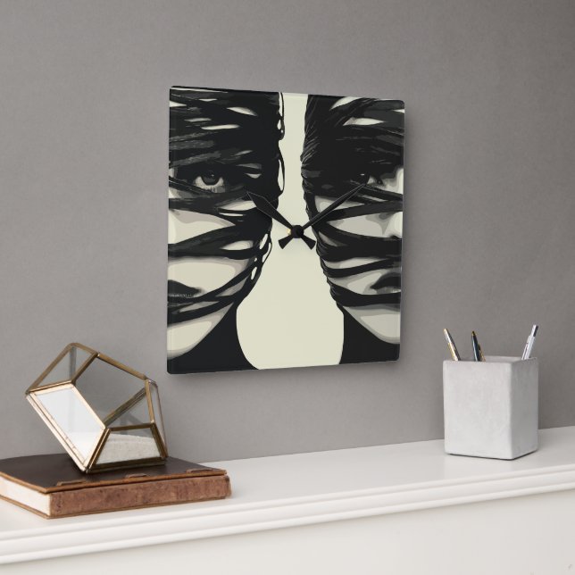 Masked Mystery: Dual Wrapped Faces Art Square Wall Clock (Office)