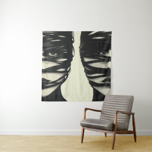 Masked Mystery: Dual Wrapped Faces Art Tapestry