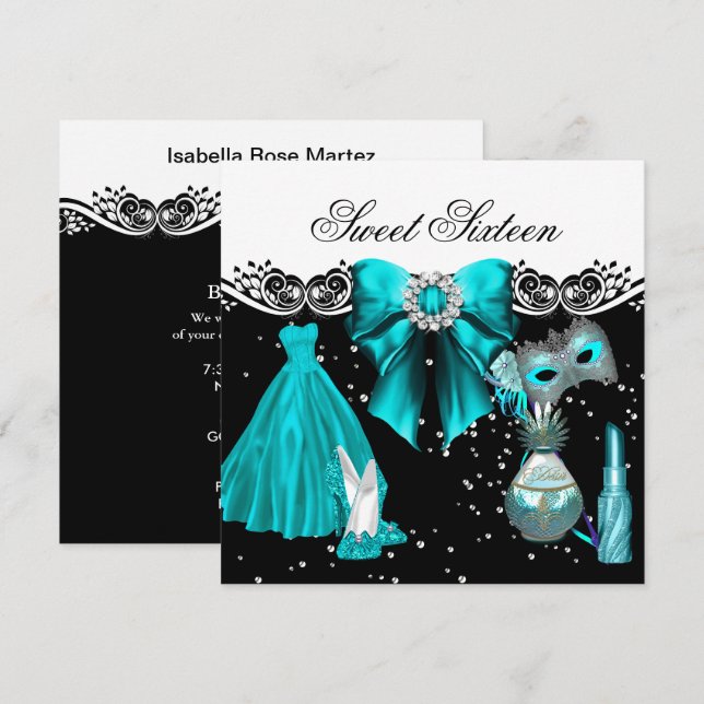 Masked Teal Blue Sweet Sixteen Sweet 16 Party Invitation (Front/Back)