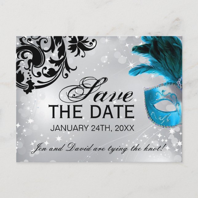 Masked Wedding Save the Date Announcement Postcard (Front)