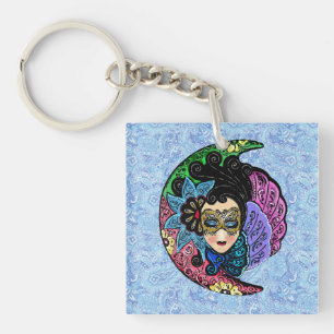 Masked Woman and Crescent Moon Key Ring