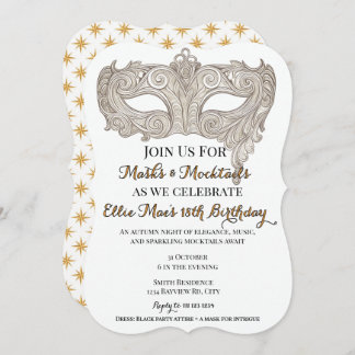Masks & Mocktails Gold Masquerade Birthday Invitation