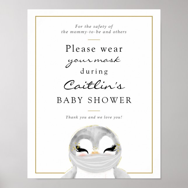Masks Required Penguin Baby Shower Sign (Front)
