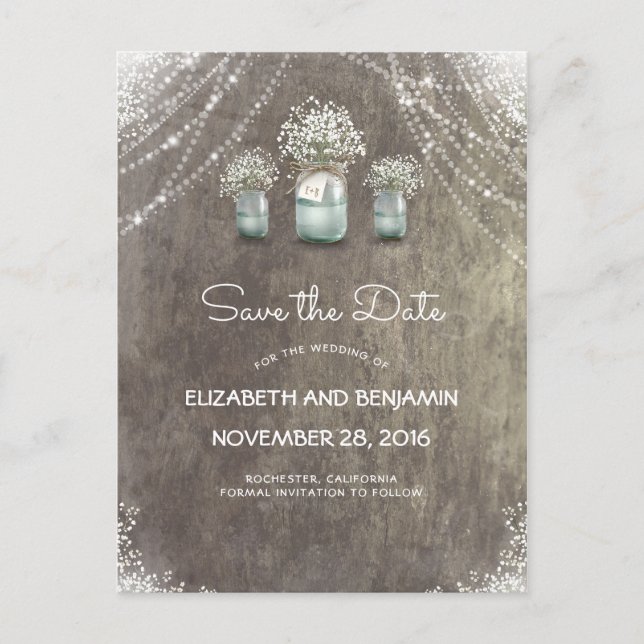 Mason Jar and Baby's Breath Rustic Save the Date Announcement Postcard (Front)