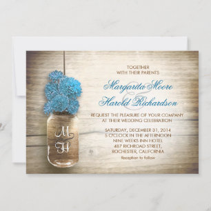 Mason jar and blue flowers wedding invitations