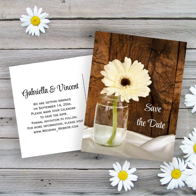 Mason Jar and Daisy Country Wedding Save the Date Announcement Postcard (Creator Uploaded)