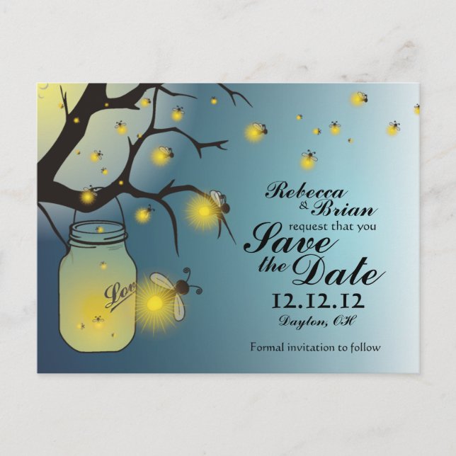 Mason Jar and Firefly Save The Date Postcard (Front)