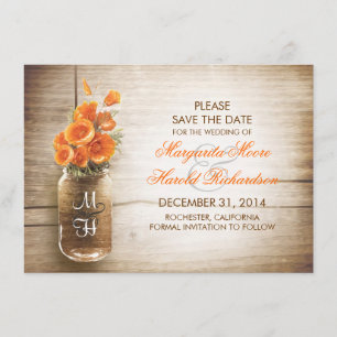 Mason jar and orange flowers save the date cards