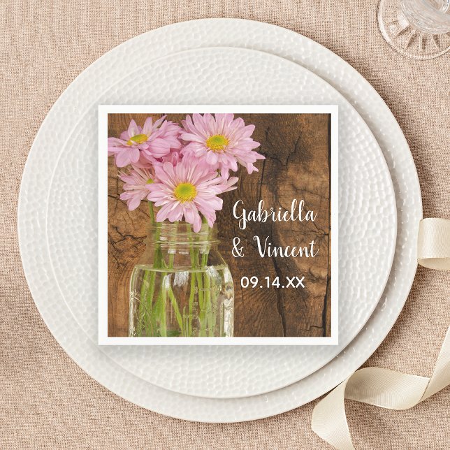 Mason Jar and Pink Daisies Country Barn Wedding Napkin (Creator Uploaded)