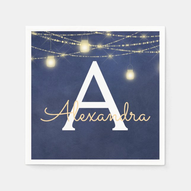 Mason Jar and String Lights Monogrammed Napkin (Front)