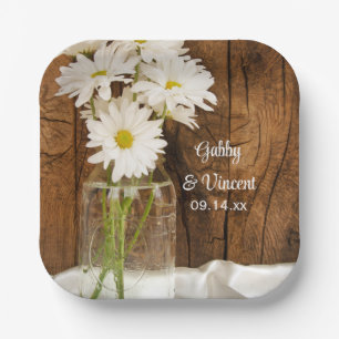 Mason Jar and White Daisies Barn Wedding Paper Plate
