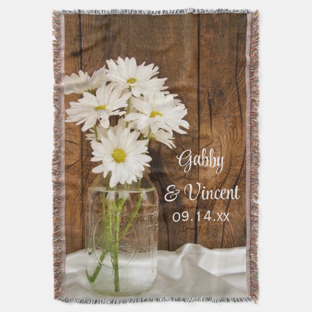 Mason Jar and White Daisies Country Barn Wedding Throw Blanket (Front Vertical)