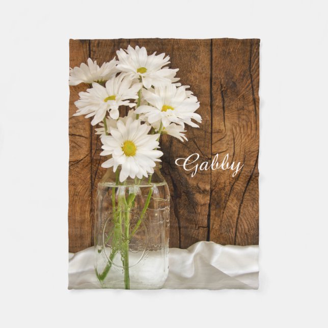 Mason Jar and White Daisies Country Ranch Fleece Blanket (Front)