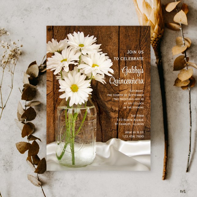Mason Jar and White Daisies Quinceañera Barn Party Invitation (Creator Uploaded)