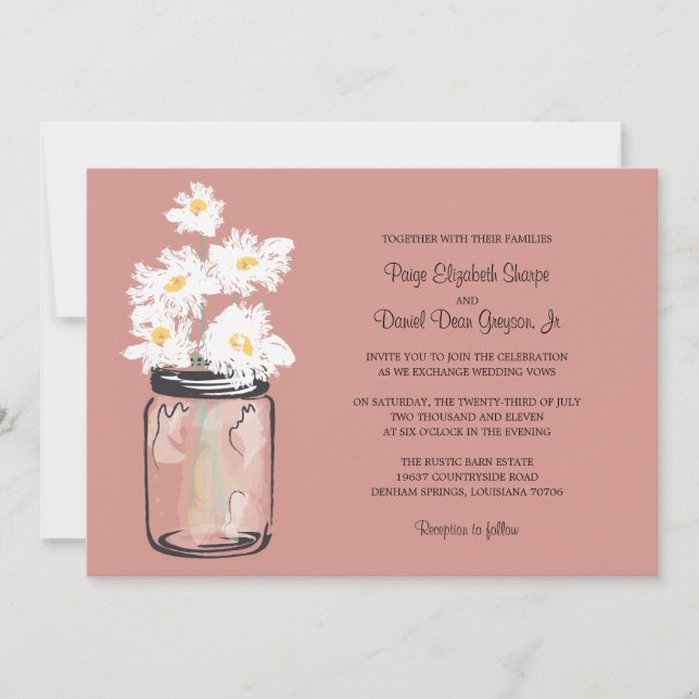 Mason Jar  and White Daisies Wedding Invitation (Front)