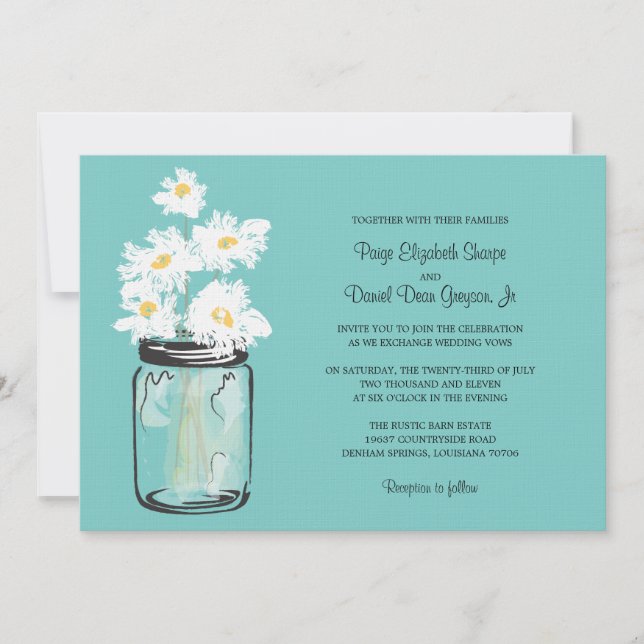 Mason Jar  and White Daisies Wedding Invitation (Front)