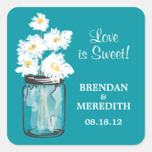 Mason Jar and White Daisies Wedding Square Sticker