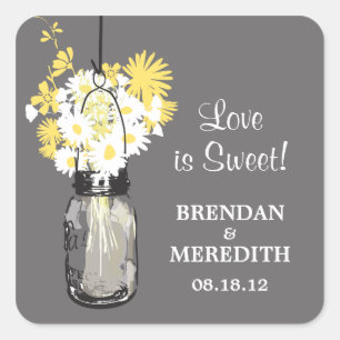 Mason Jar and White Daisies Wedding Square Sticker