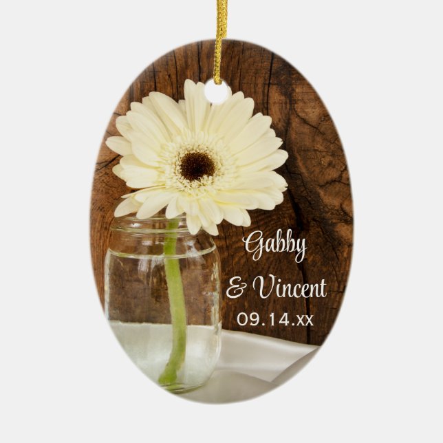 Mason Jar and White Daisy Country Wedding Ceramic Tree Decoration (Front)