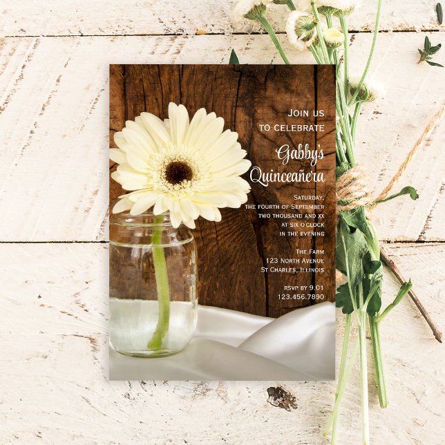 Mason Jar and White Daisy Quinceañera Invitation (Creator Uploaded)