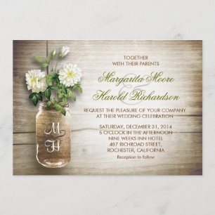 Mason jar and white flowers wedding invitations