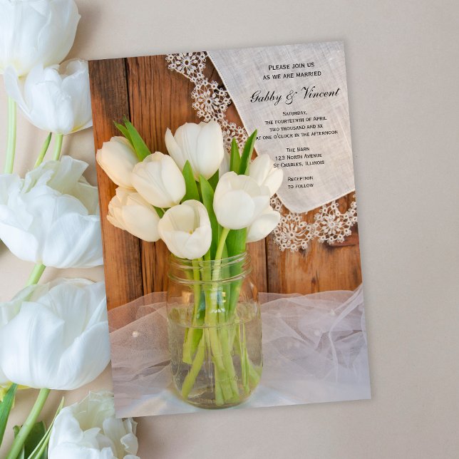 Mason Jar and White Tulips Country Barn Wedding Invitation (Creator Uploaded)