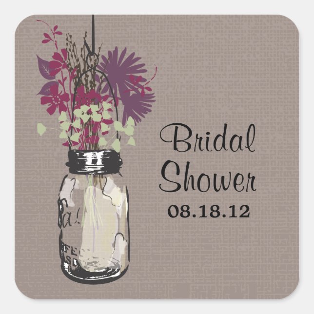 Mason Jar and Wildflowers Wedding Square Sticker (Front)