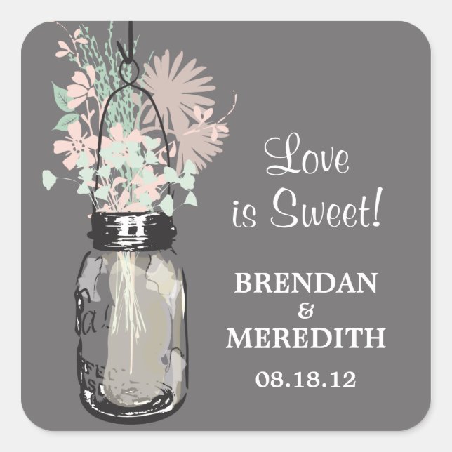 Mason Jar and Wildflowers Wedding Square Sticker (Front)