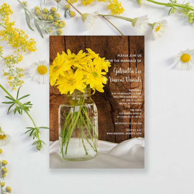 Mason Jar and Yellow Daisies Country Barn Wedding Invitation (Creator Uploaded)