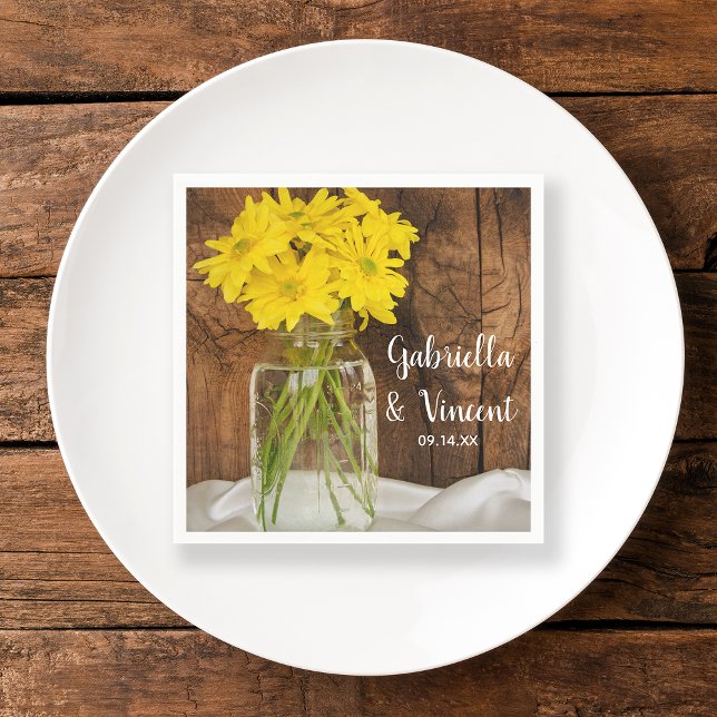 Mason Jar and Yellow Daisies Country Barn Wedding Napkin (Creator Uploaded)