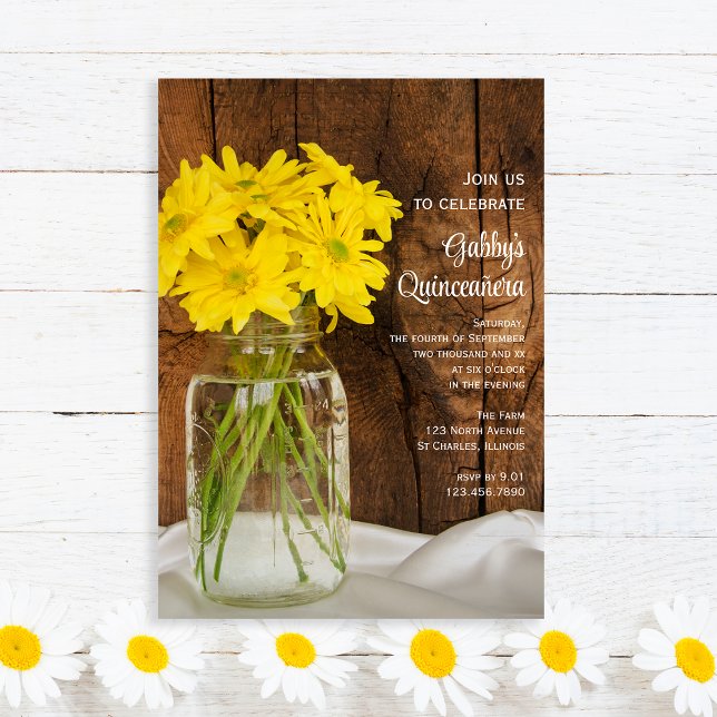 Mason Jar and Yellow Daisies Quinceañera Invitation (Creator Uploaded)