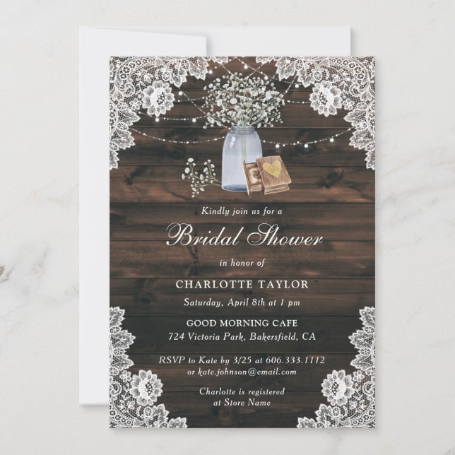 Mason Jar Baby's Breath Floral Lace Bridal Shower Invitation (Front)